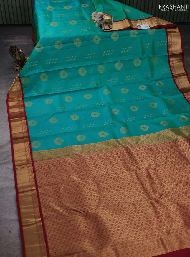 Teal Green & Maroon Pure Kanchipuram Silk-Butta