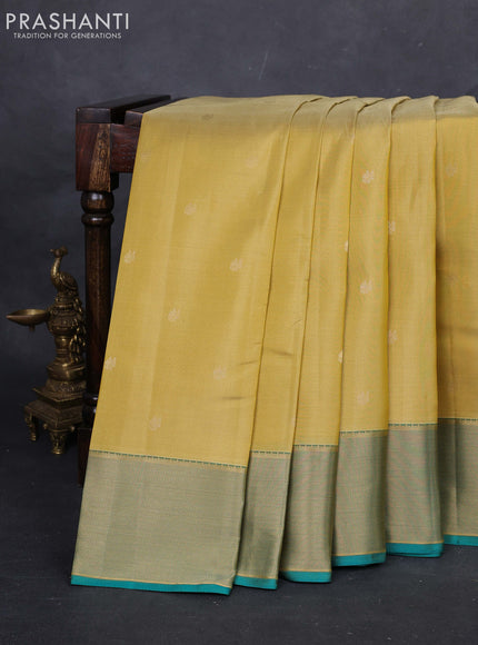Yellow & Teal Pure Kanchipuram Silk-Vairaosi