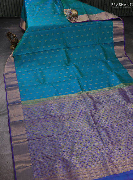 Teal Blue & Purple Pure Kanchipuram Silk -Butta