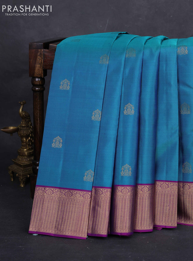 Teal Blue & Purple Pure Kanchipuram Silk Saree
