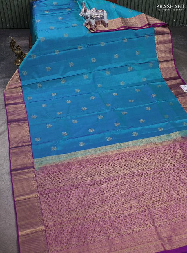 Teal Blue & Purple Pure Kanchipuram Silk Saree