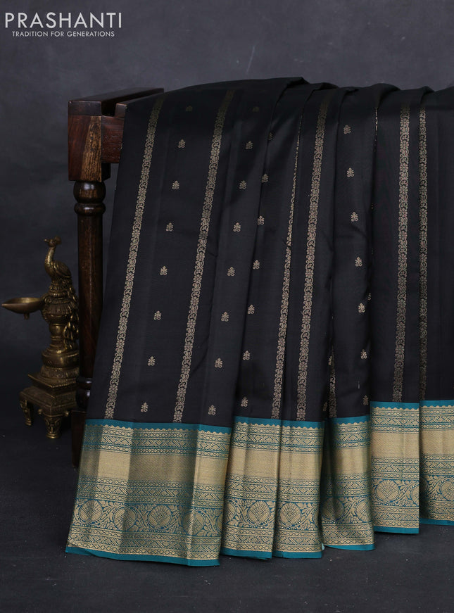 Black & Teal Pure Kanchipuram Silk Saree