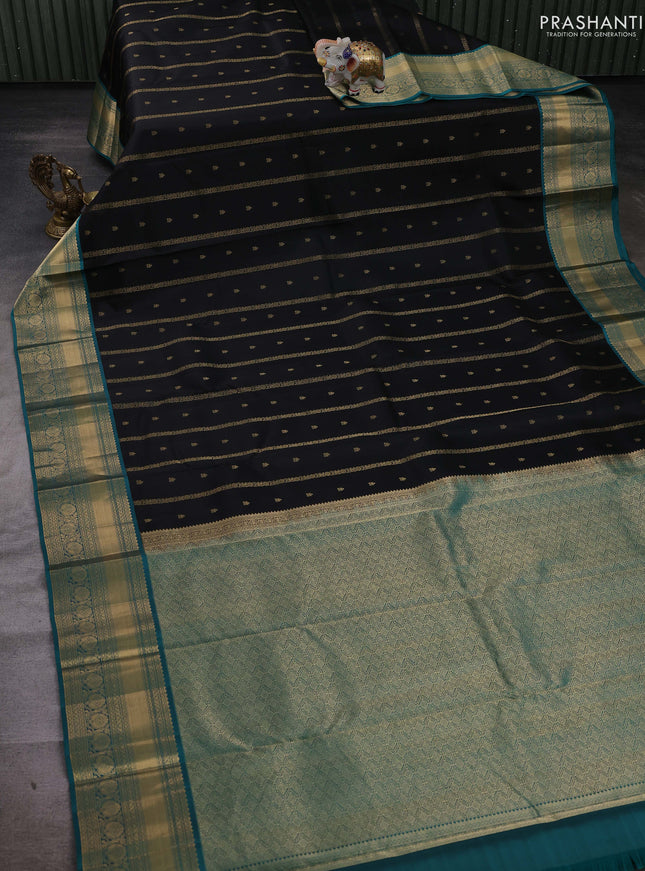 Black & Teal Pure Kanchipuram Silk Saree