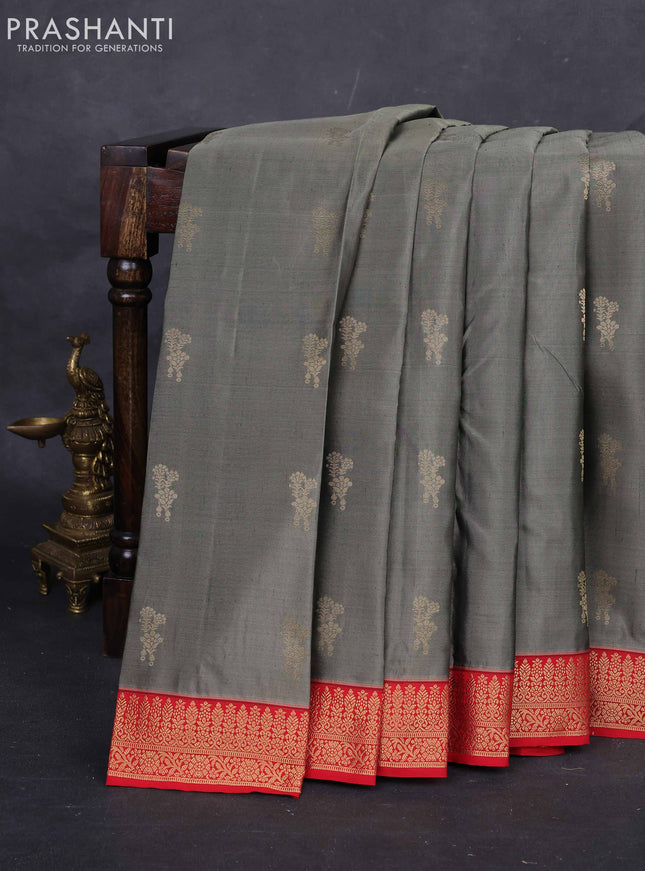 Grey & Red Pure Kanchipuram Silk-Butta