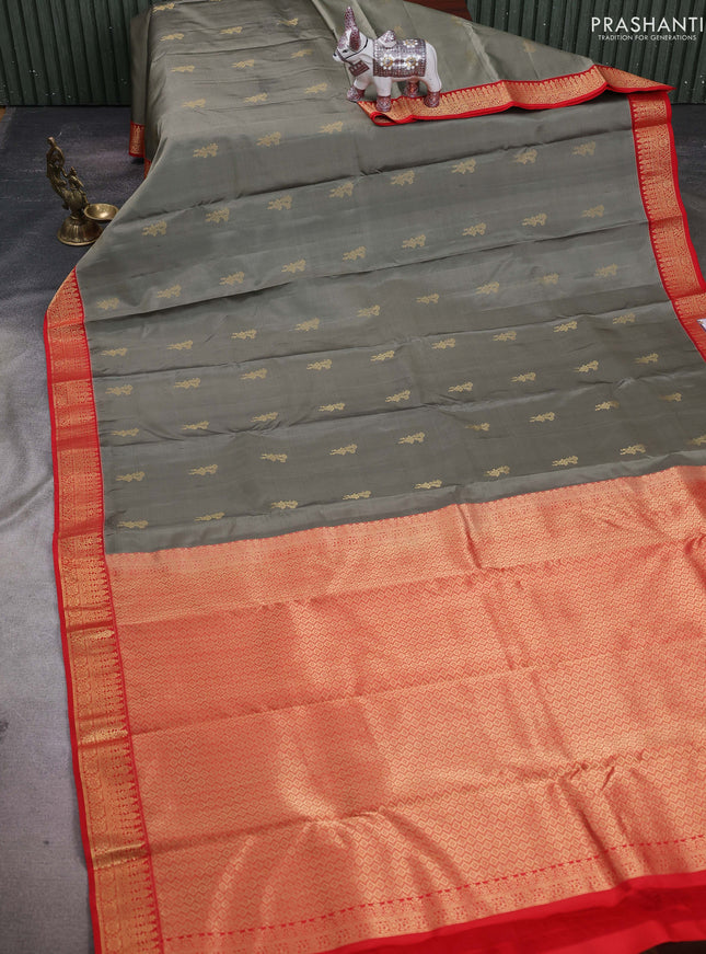 Grey & Red Pure Kanchipuram Silk-Butta