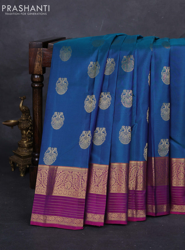 Peacock Blue & Purple Pure Kanchipuram Silk-Butta