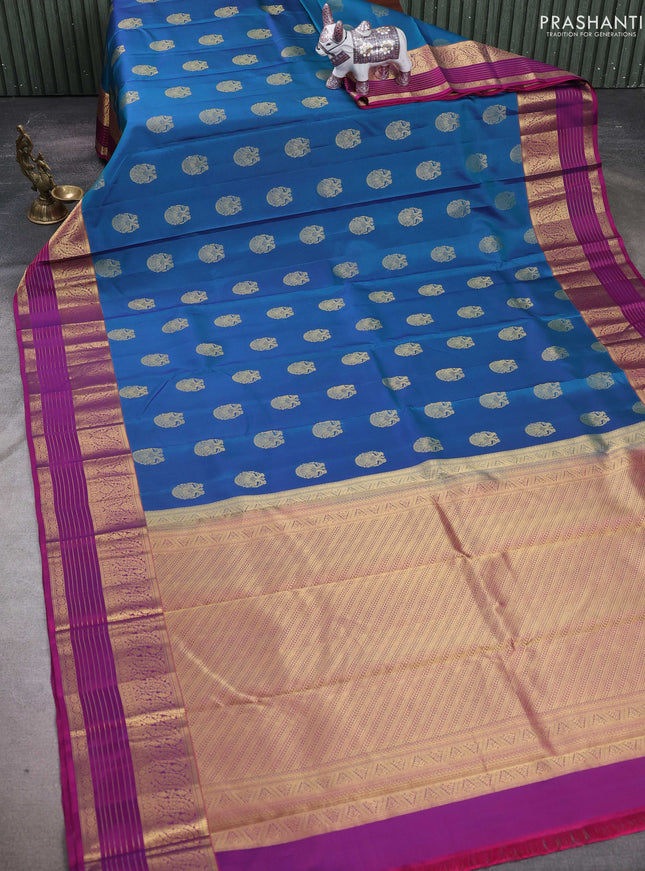 Peacock Blue & Purple Pure Kanchipuram Silk-Butta