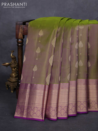 Olive Green & Violet Pure Kanchipuram Silk-Butta