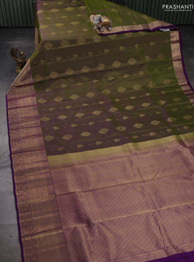 Olive Green & Violet Pure Kanchipuram Silk-Butta