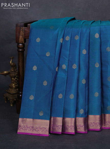 Peacock Green & Purple Pure Kanchipuram Silk-Butta