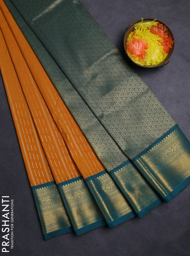 Mustard Yellow & Teal Green Semi Kanchipuram Silk - Korvai
