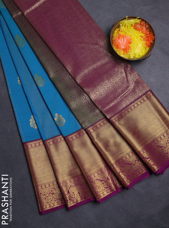 Teal Blue & Purple Semi Kanchipuram Silk - Korvai