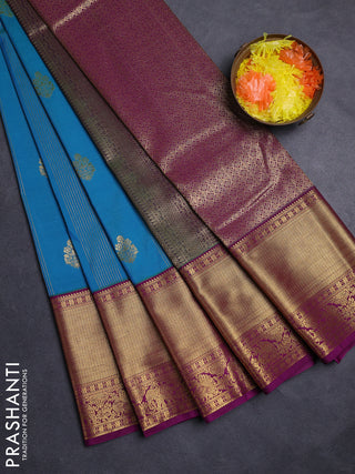 Teal Blue & Purple Semi Kanchipuram Silk - Korvai