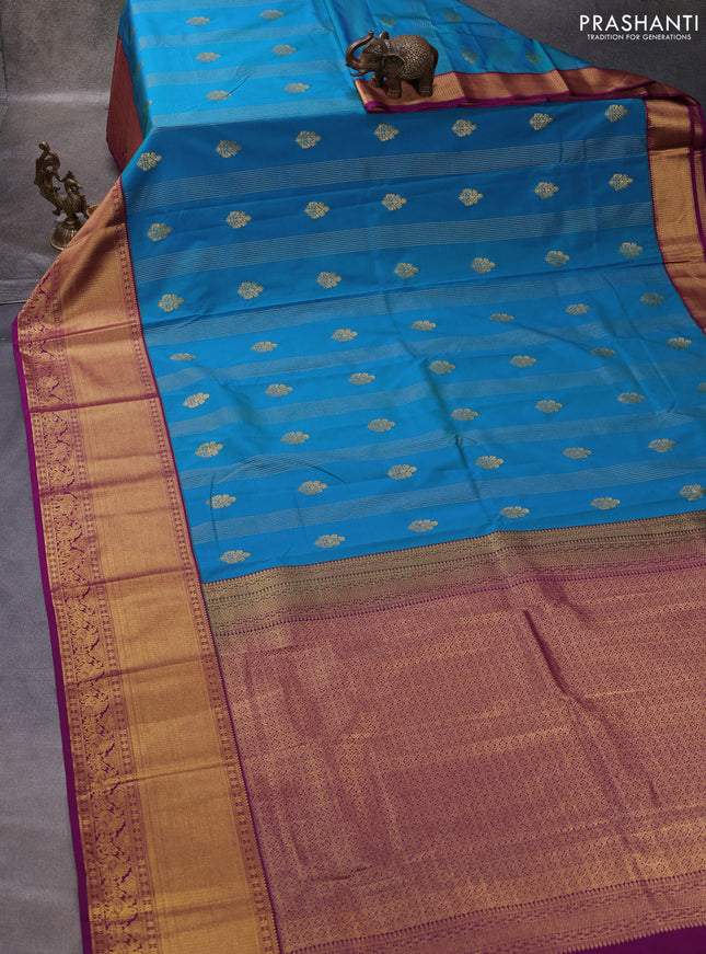 Teal Blue & Purple Semi Kanchipuram Silk - Korvai