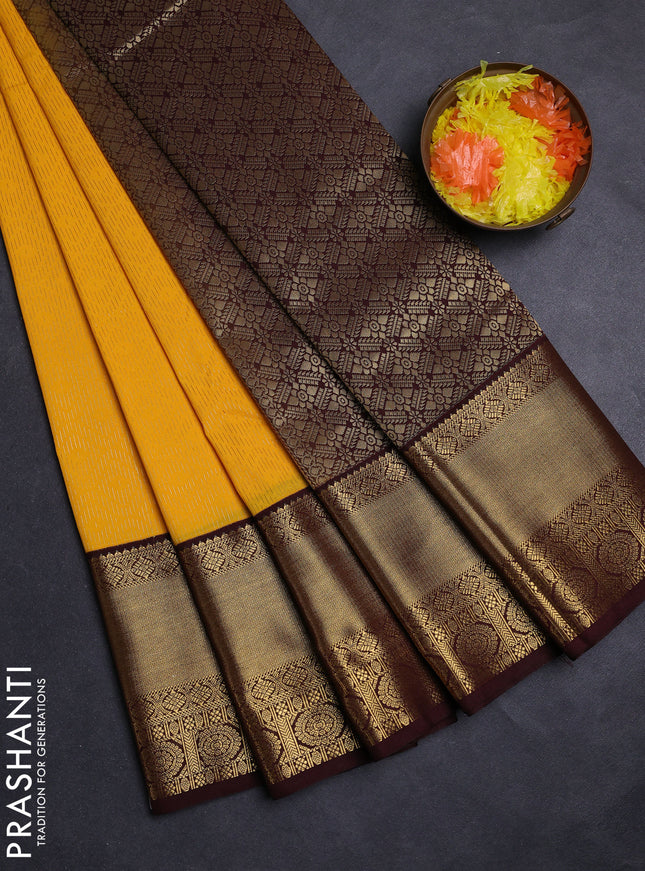 Yellow & Coffee Brown Semi Kanchipuram Silk - Korvai