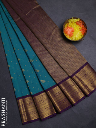 Teal Blue & Violet Semi Kanchipuram Silk - Korvai