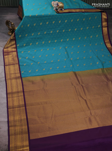 Teal Blue & Violet Semi Kanchipuram Silk - Korvai