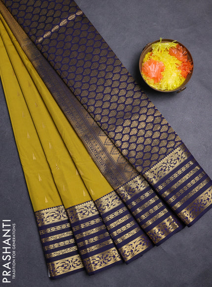 Lime Green & Navy Blue Semi Kanchipuram Silk - Korvai