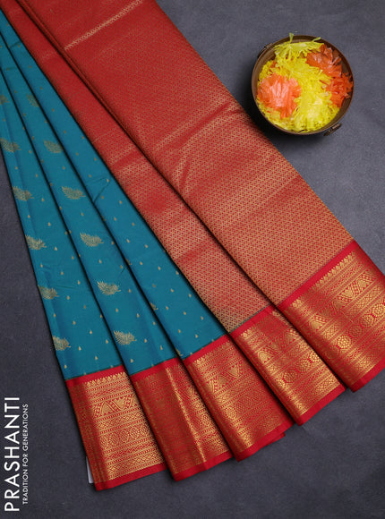 Teal Green & Red Semi Kanchipuram Silk - Korvai