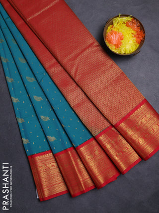 Teal Green & Red Semi Kanchipuram Silk - Korvai