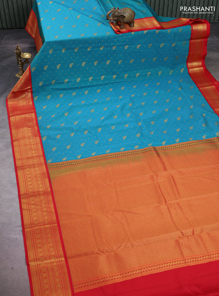 Teal Green & Red Semi Kanchipuram Silk - Korvai