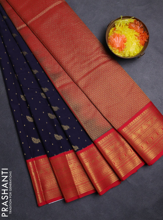Navy Blue & Red Semi Kanchipuram Silk - Korvai