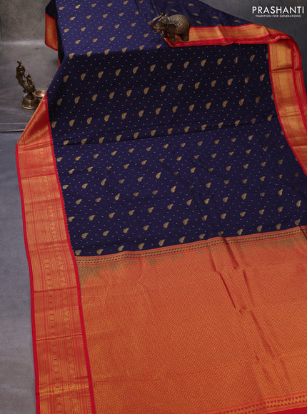 Navy Blue & Red Semi Kanchipuram Silk - Korvai