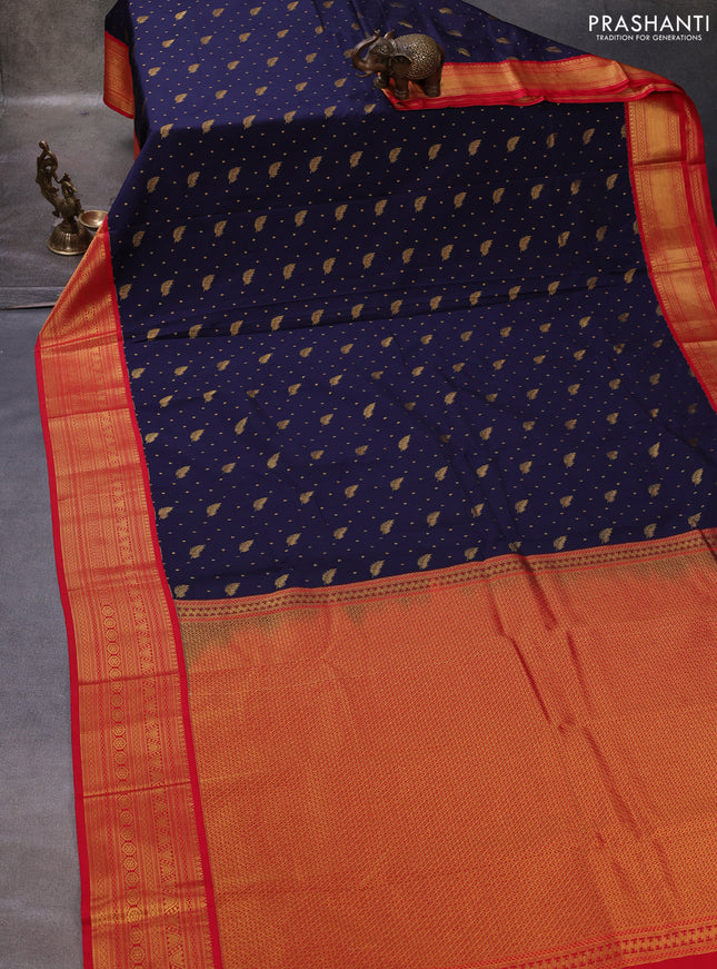 Navy Blue & Red Semi Kanchipuram Silk - Korvai