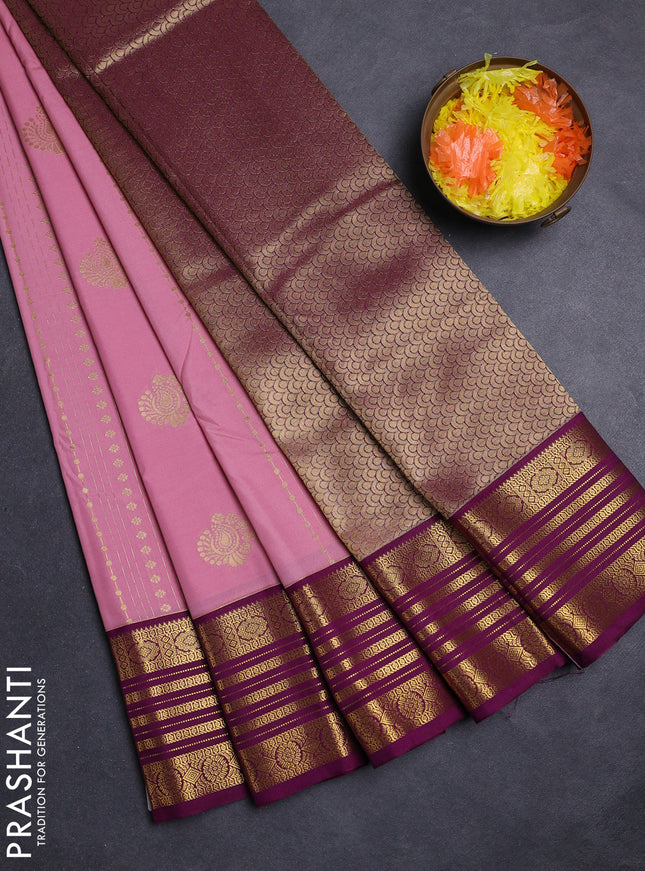 Peach Pink & Purple Semi Kanchipuram Silk - Korvai