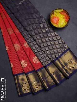 Red & Navy Blue Semi Kanchipuram Silk - Korvai