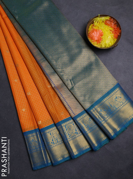 Mango Yellow & Teal Green Semi Kanchipuram Silk - Korvai