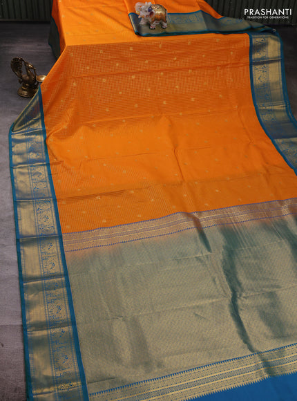 Mango Yellow & Teal Green Semi Kanchipuram Silk - Korvai