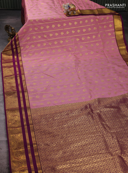 Peach Pink & Purple Semi Kanchipuram Silk - Korvai