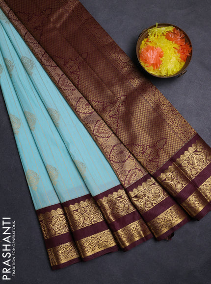 Teal Blue & Wine Semi Kanchipuram Silk - Korvai