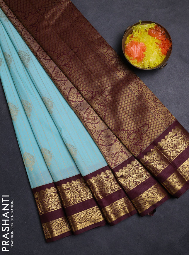 Teal Blue & Wine Semi Kanchipuram Silk - Korvai