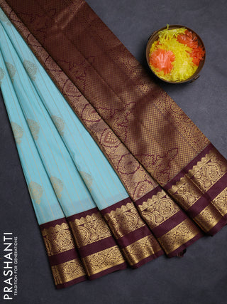 Teal Blue & Wine Semi Kanchipuram Silk - Korvai