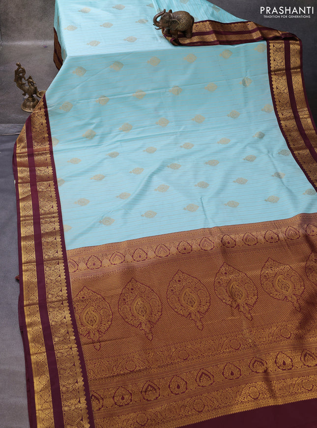 Teal Blue & Wine Semi Kanchipuram Silk - Korvai