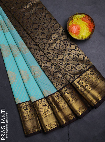 Teal Blue & Coffee Brown Semi Kanchipuram Silk - Korvai