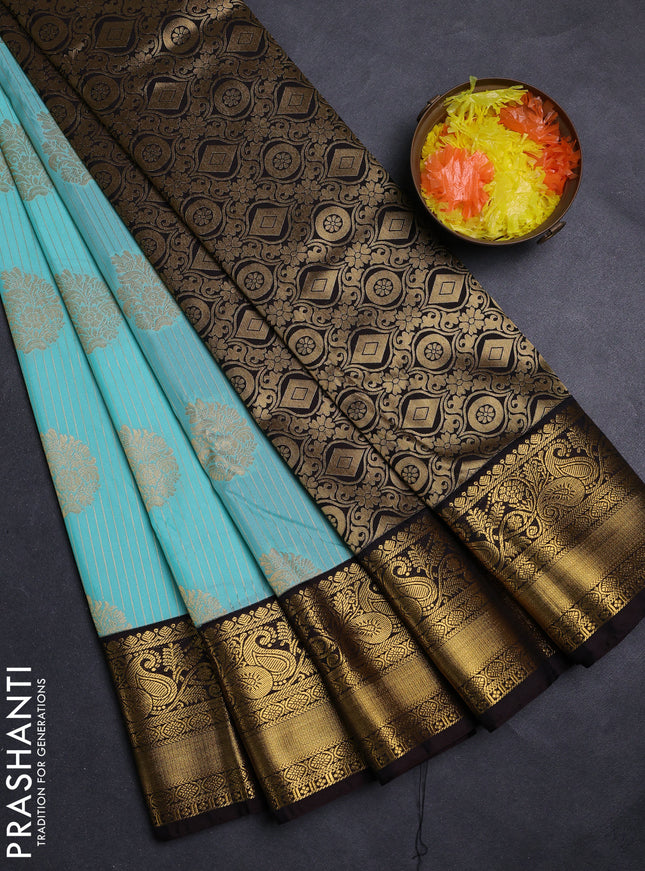 Teal Blue & Coffee Brown Semi Kanchipuram Silk - Korvai