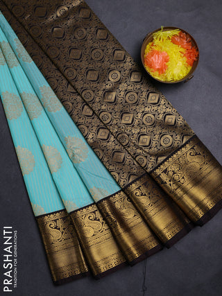 Teal Blue & Coffee Brown Semi Kanchipuram Silk - Korvai
