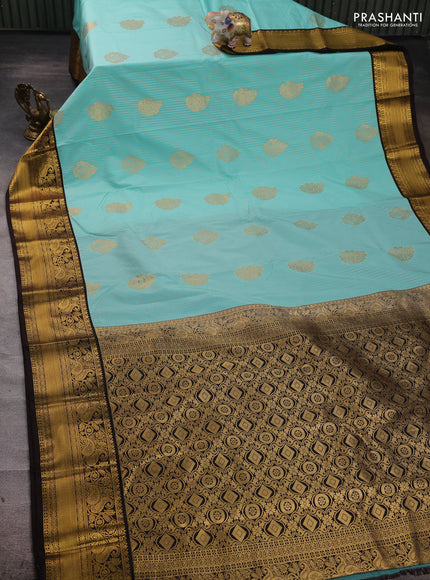 Teal Blue & Coffee Brown Semi Kanchipuram Silk - Korvai