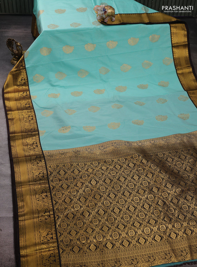 Teal Blue & Coffee Brown Semi Kanchipuram Silk - Korvai