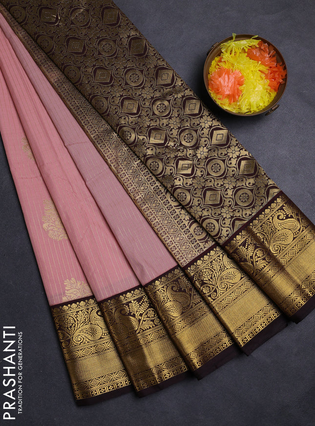 Pastel Pink & Coffee Brown Semi Kanchipuram Silk - Korvai