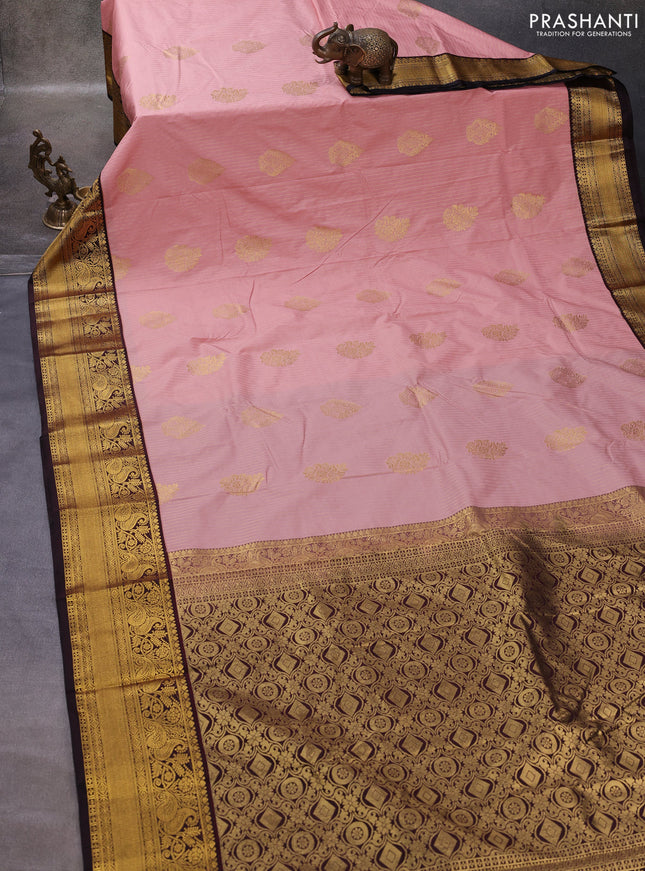 Pastel Pink & Coffee Brown Semi Kanchipuram Silk - Korvai