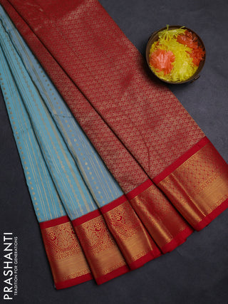Teal Blue & Red Semi Kanchipuram Silk - Korvai