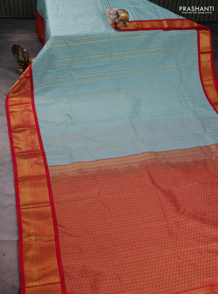 Teal Blue & Red Semi Kanchipuram Silk - Korvai