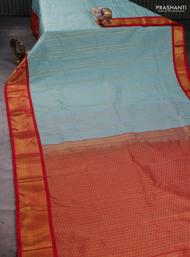 Teal Blue & Red Semi Kanchipuram Silk - Korvai