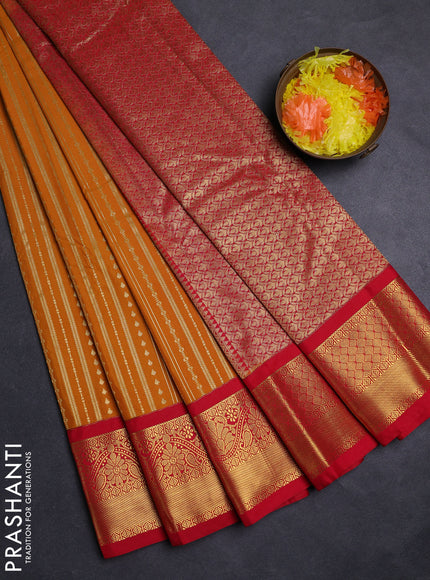 Mustard Yellow & Red Semi Kanchipuram Silk - Korvai