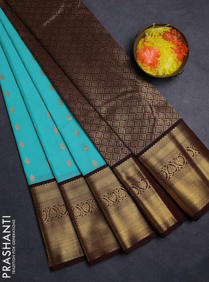 Teal Blue & Coffee Brown Semi Kanchipuram Silk - Korvai