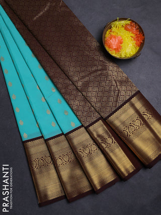 Teal Blue & Coffee Brown Semi Kanchipuram Silk - Korvai